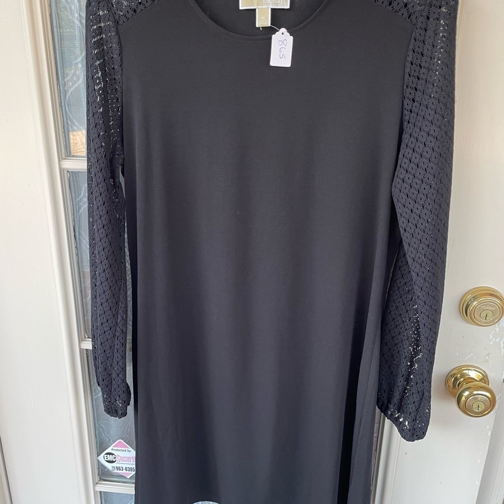 Michael Kors XL Black Dress Lace Sleeves Gold Logo Detail 🖤✨